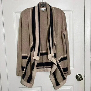 AUGUST SILK Open Front Striped Tan Cardigan | size Large